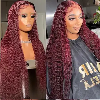 13X4 Deep Wave Forntal Wig 30 32 34 Inch Burgundy Lace Front Wig Colored Red Curly