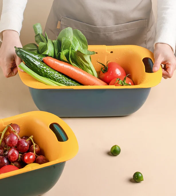 Double expansion of large capacity drain hollow fruit household adjustment creative kitchen utensils washing basket J05