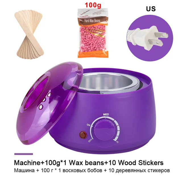 Hair Removal Wax-melt Machine Heater 200ml Wax Beans 10 Wood Stickers Hair Removal Machine Waxing Kit Calentador de cera Set 1 Purple US plug