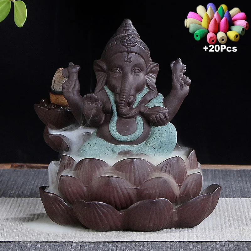 BurnerJ61 20Incense 20 шт благовония конусы керамический Лотос Индийский Слон Ганеш Бог Будда статуи обратного потока благовония горелка с Буддой благовония курильница удержание - Цвет: BurnerJ61 20Incense