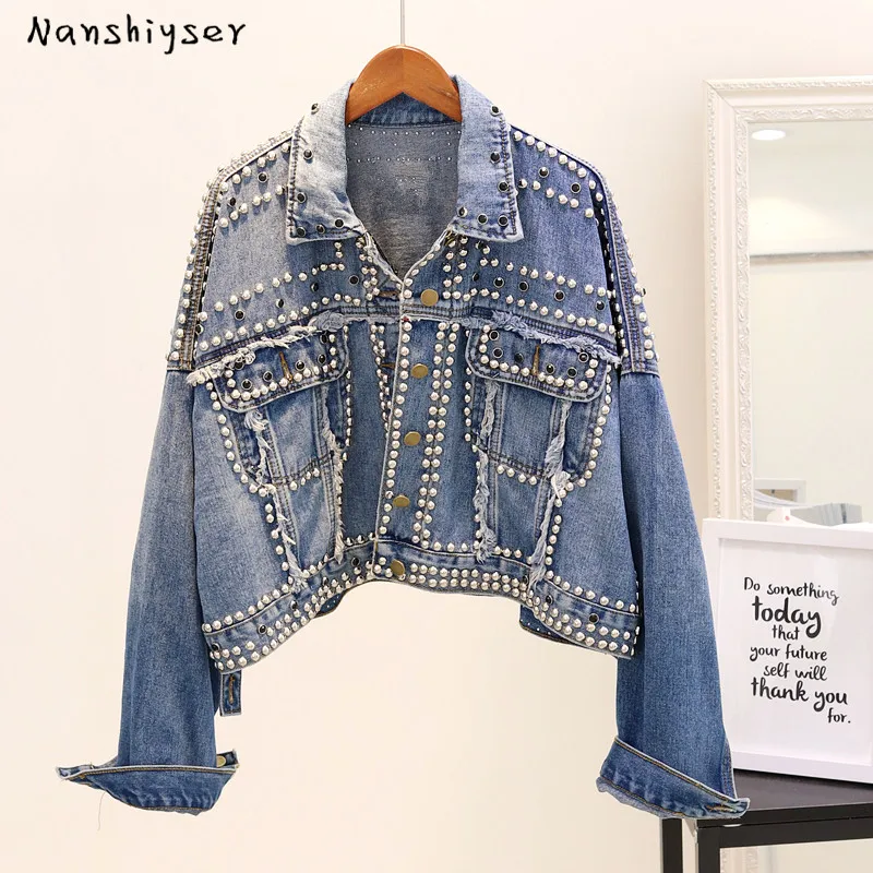 

Korean Heavy work Rivet Beaded Diamond Raw fringe Loose Oversized Short Denim jacket Women Autumn Street Fashion Chaqueta Mujer