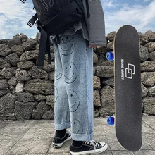 Pantalones vaqueros estampados para hombre y mujer, jeans holgados de pierna recta para adolescentes, jeans de Hip Hop para monopatín, jeans de calle