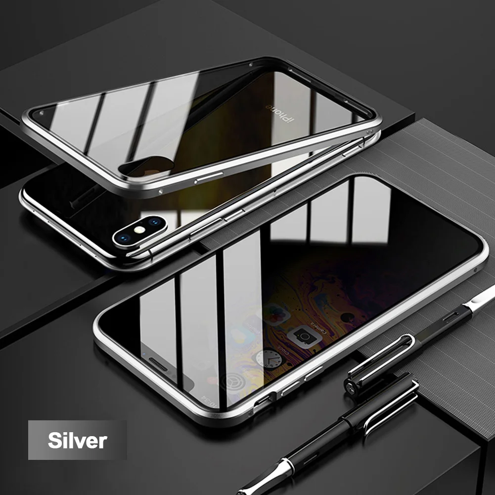 Конфиденциальности Магнитный Стекло чехол для samsung Galaxy Note 10 плюс металлический каркас против подсматривания Защитная крышка Капа для iPhone 11 Pro Max - Цвет: Silver Color