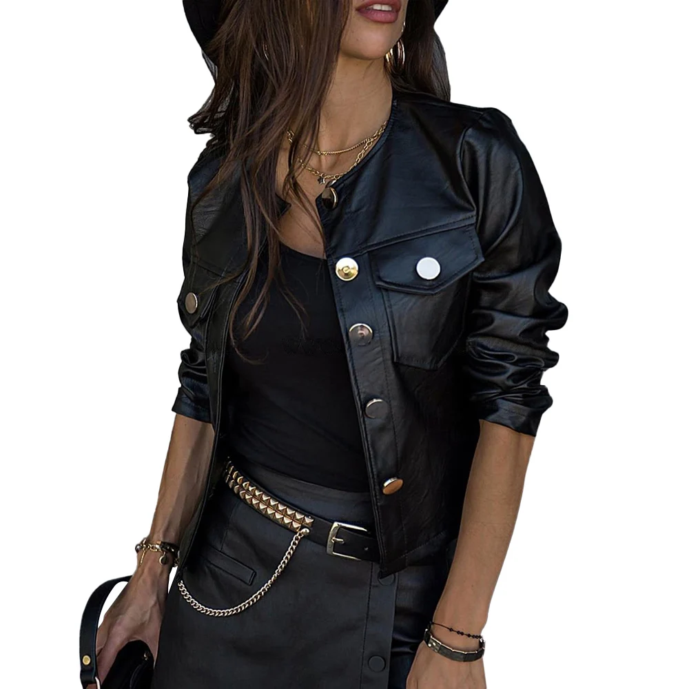 Pu Leather Jackets For Women Solid Black Button Coats Ladies Winter Faux Leather Jackets Single Breasted Slim Outerwear D30 2