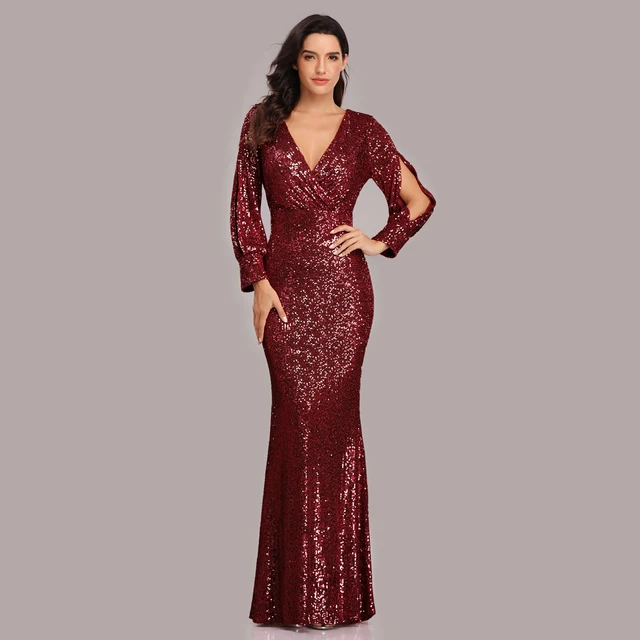 Sexy V-neck Mermaid Evening Dress Long Formal Prom Party Gown Full Sequins long Sleeve Galadress Vestidos Women Dresses 2021 Burgundy