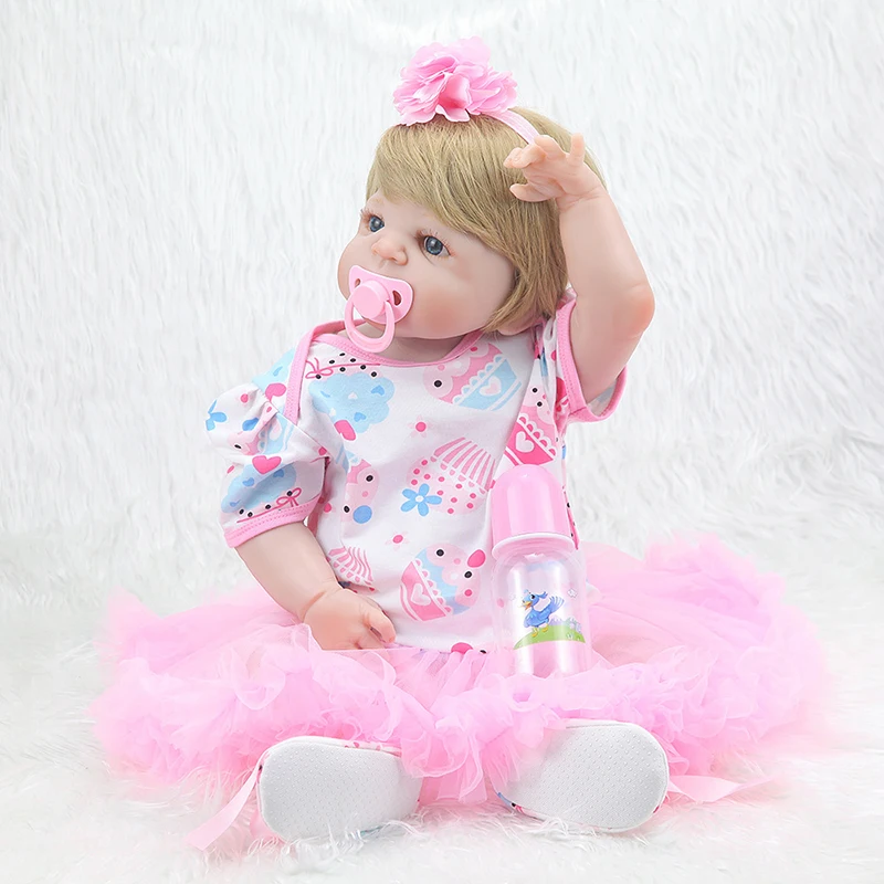 

55CM Reborn Baby Doll Toy Full Silicone Pink Princess Dress Cloth Body Short Hair Realistic Baby Doll Toddler Kids Birthday Gift