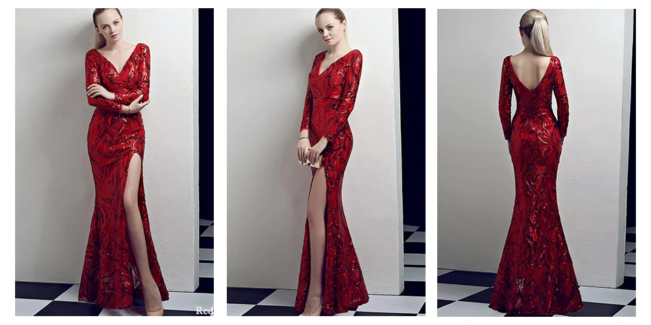 Вечернее платье Русалка, длинное, расшитое блестками, Robe De Soiree, DX336-2,, длинные рукава, женские вечерние платья, золотые сексуальные вечерние платья с v-образным вырезом