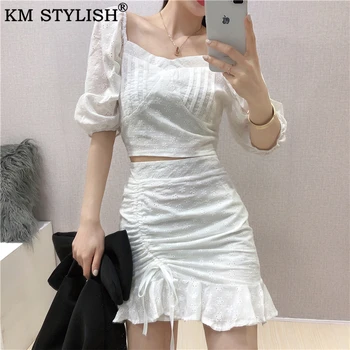 

Summer 2020 Women's Fashion 2 Piece Set Puff Sleeve Embroidery Top + High Waist Pack Hip Fishtail Skirt Women's Two Piece Set