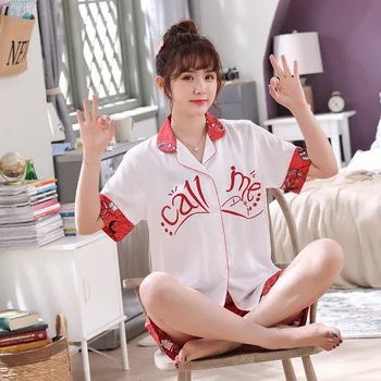 

Sexy 2 PCS Faux Silk Woman Pajamas Comfort Satin Soft Sleepwear Short Top And Shorts Nightwear Summer Homewear