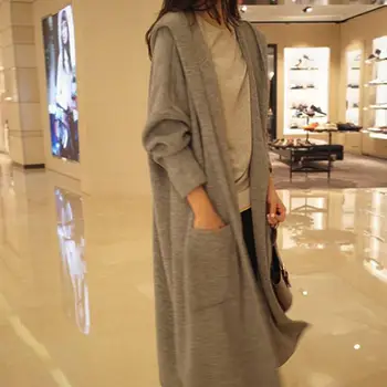 

Women Solid Color Autumn Over-Knee Length Hooded Knitwear Loose Coat Cardigan