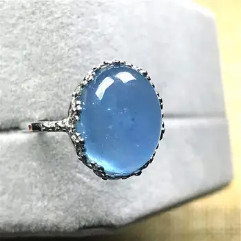

15x13mm Top Natural Ocean Blue Aquamarine Ring For Woman Lady Man Clear Crystal Beads Stone Silver Adjustable Ring Jewelry AAAAA