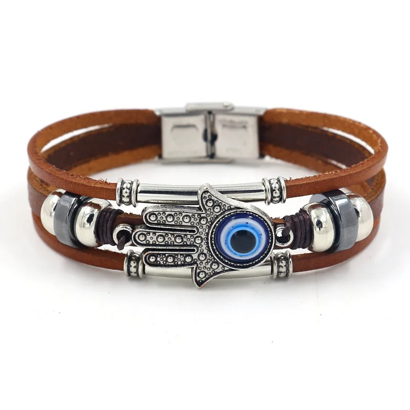 Bracelet Jewelry Trendy Punk Multilayer Leather Bracelet Female Fatima Hand Sun Flower Leaf Alloy Accessories for Wristband Gift
