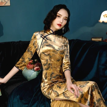 

3XL 4XL 5XL Plus Size Golden Velour Qipao Long Cheongsam Long Sleeve Modern Cheongsam Female