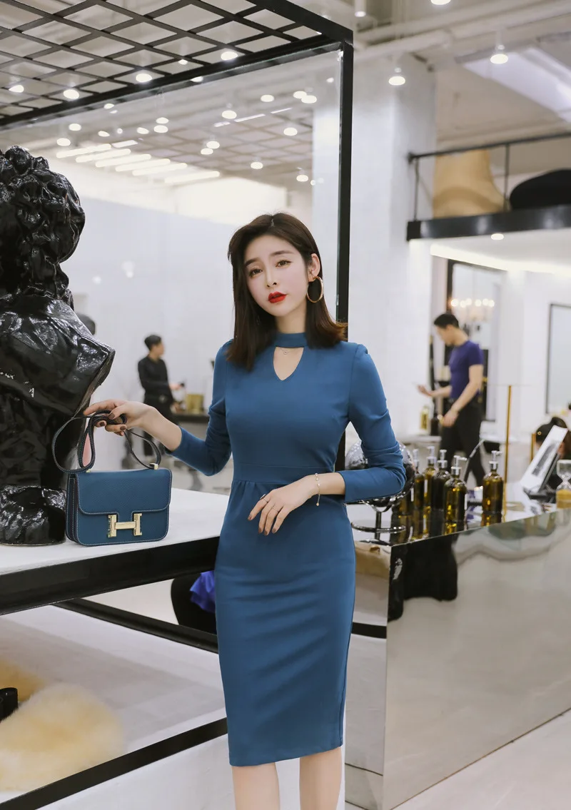 Короткое повседневное однотонное осеннее платье женское платье Longue Femme Женский корсет длинный рукав с металлическим облегающее платье с запахом