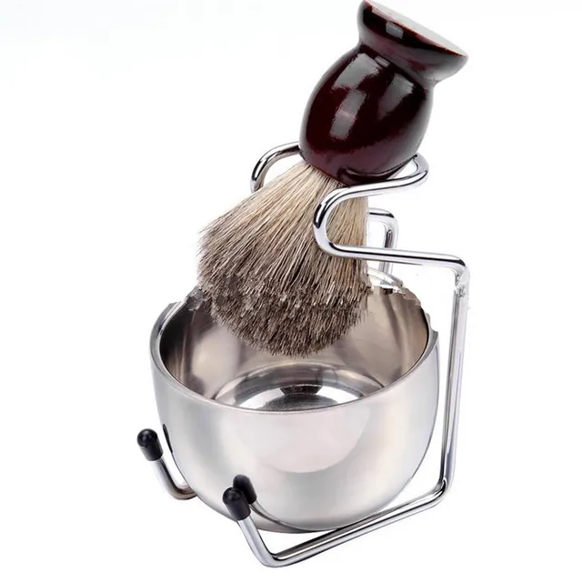 1 Set Professional Men Beard Brush Set Stainless Steel Bowl Stand Shaving Brush Mustache Shaving Facial Cleansing Tool 40#410 C