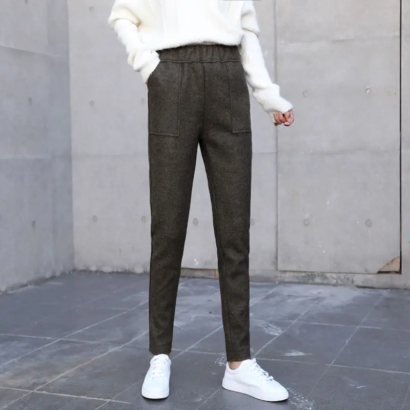 Зимние женские штаны с высокой талией, бархатные утепленные шерстяные шаровары, элегантные офисные шерстяные теплые штаны, женские длинные брюки C5988 - Цвет: dark grey no velvet