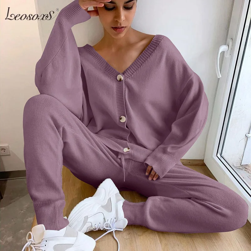 

Women Sweater Sets Suits 2020 Fashion Customes V Neck Cardigans + Long Pants Track Suits For Autumn Winter Woman Knitted Suit