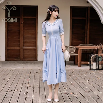 

YOSIMI Chiffon Evening Party Dress 2020 Summer Maxi Blue Sweet Floral Embroidery O-neck Short Sleeve Long Women Dresses Elegant