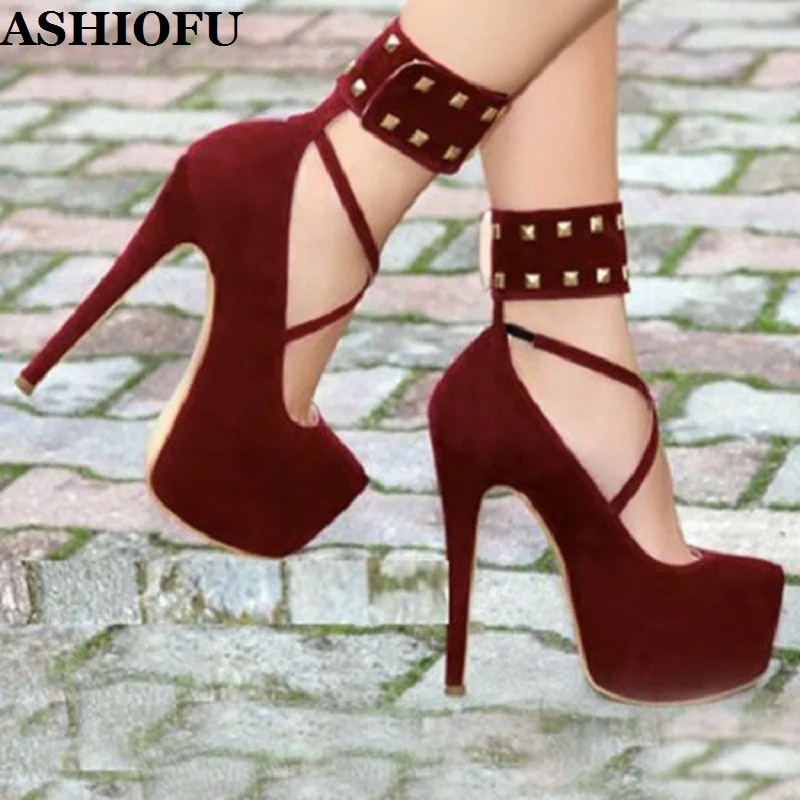 

ASHIOFU Classic Women High Heel Pumps Rivets Spikes Ankle Wrap Party Dress Shoes Sexy Platform Night-club Evening Fashion Shoes