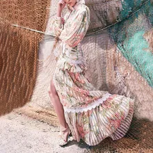 Осеннее женское элегантное платье с цветочным принтом в стиле бохо, с оборками, кружевное лоскутное, Длинные гофрированные шифоновые платья, высокое качество, платье для подиума