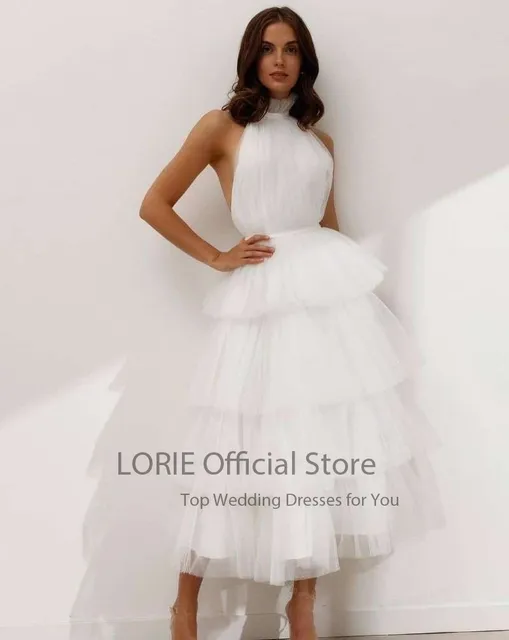 LORIE Baby Blue Prom Dresses High Neck Tiered Tulle Tea Length Backless Summer Arabic Wedding Party Gown Graduation Dress 2021 white