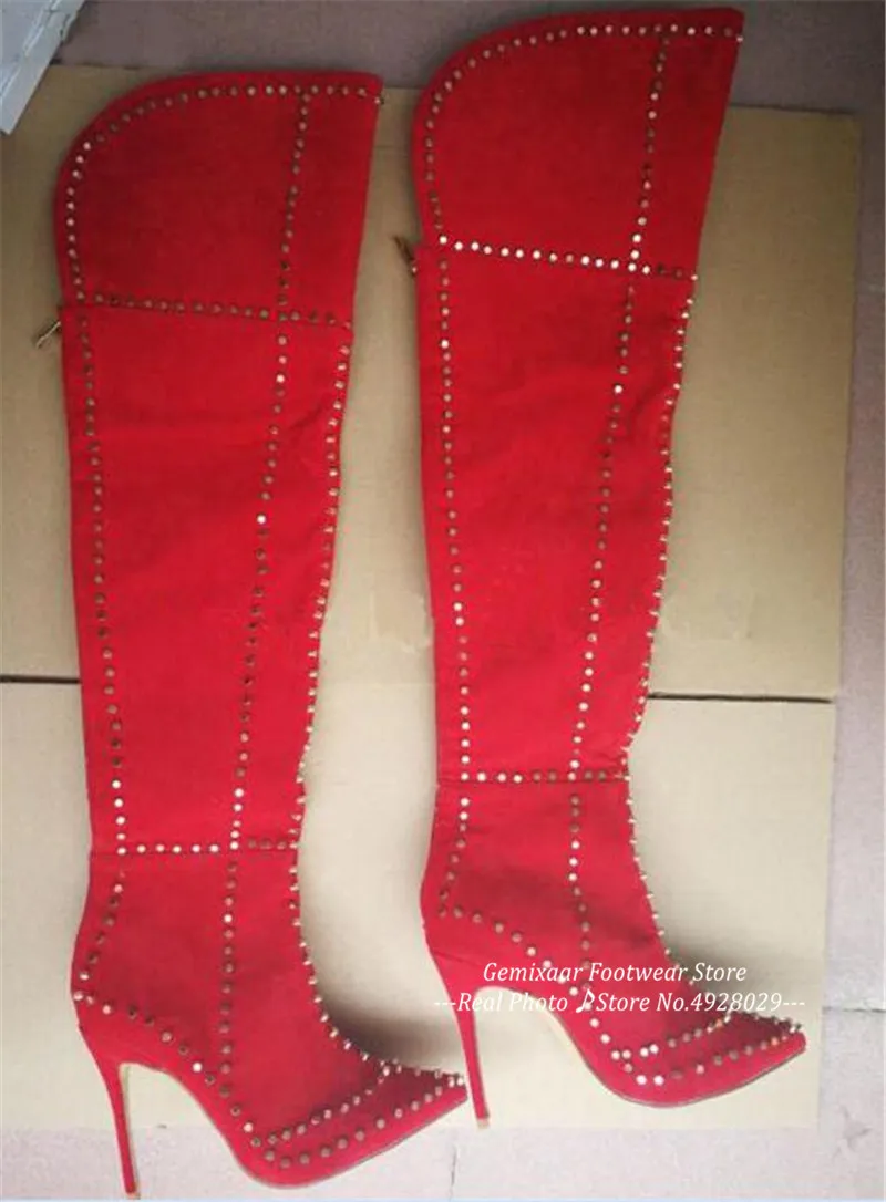 Г. Зимние высокие сапоги женские узкие Сапоги выше колена с острым носком, молнией сзади, для прогулок, женские сапоги с заклепками разных цветов - Цвет: Red