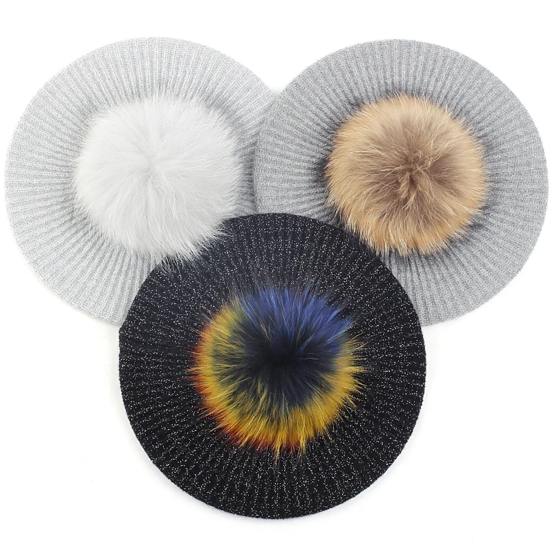 

Women Adult Cashmere Fashion Beret Solid Color Slouchy Hats With Real Fur Pompom Lady Female Autumn Warm Skull Casual Caps