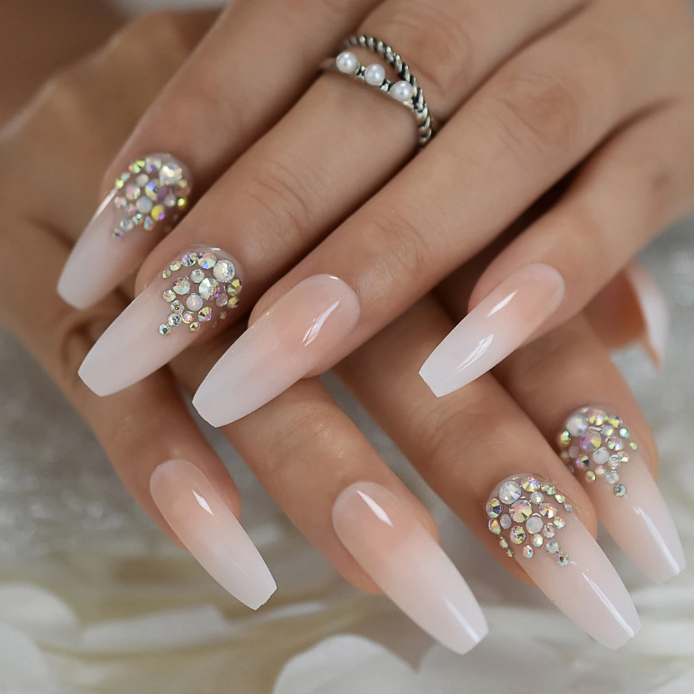 Luxury Coffin Nails With Ab Rhinestones Ombre French Nail With Stones Long False Nails Natural Color Designed False Nails Aliexpress