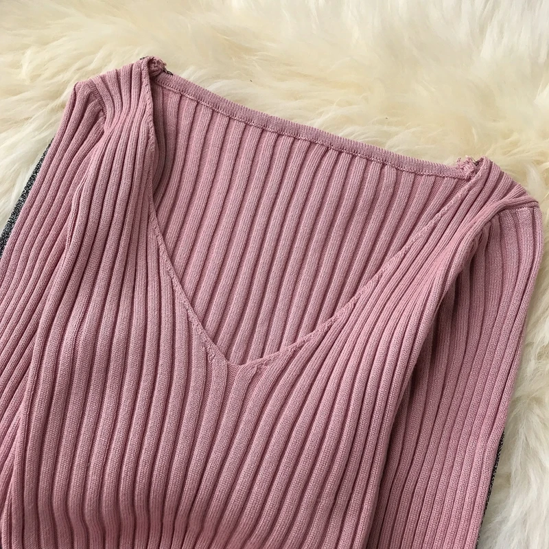 ALPHALMODA женское осеннее сексуальное трикотажное платье в полоску с глубоким v-образным вырезом и длинными рукавами, однотонное эластичное женское платье