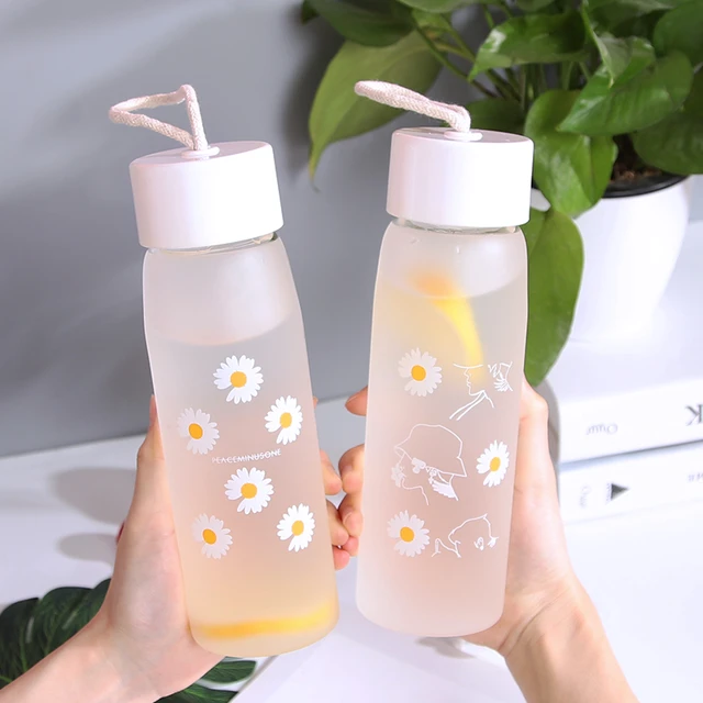 Ins Simple Fashion Small Daisy Water Bottles Summer Portable Leakproof  Frosted Glass Cup Cute Water Bottle For Girls With Rope - AliExpress