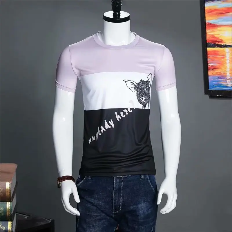 PigHead цифровая печать новая футболка с коротким рукавом для молодых и средних мужчин Эластичный тренд круглый вырез Футболка тренд
