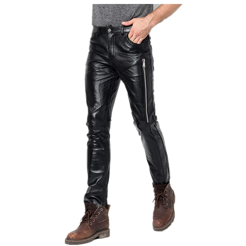 Leather Pants Men's Autumn And Winter Skinny Genuine Sheepskin Motorcycle Pants Men Slim Streetwear Waterproof  Pants