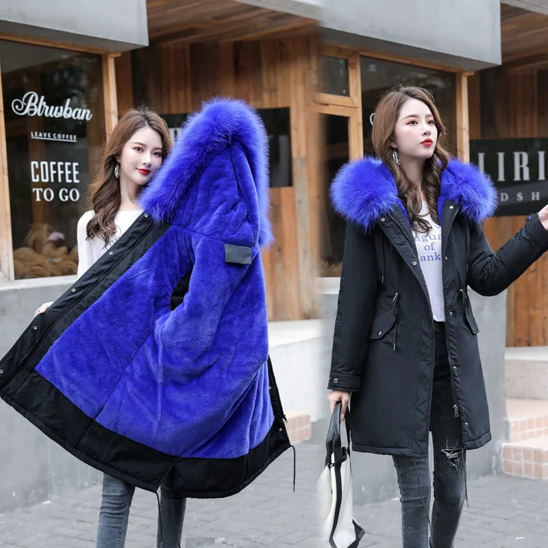 Новое поступление, Женская осенне-зимняя куртка с хлопковой подкладкой, теплые длинные пальто с большим меховым воротником, женские куртки, женские куртки для офиса - Цвет: Королевский синий