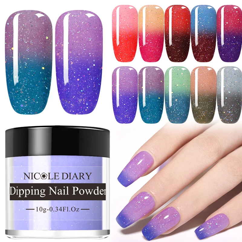 

NICOLE DIARY 10g Thermal Glitter Dip Nail Powder Shinny Temperature Color Changing Chrome Manicure Nail Art Dipping Glitter
