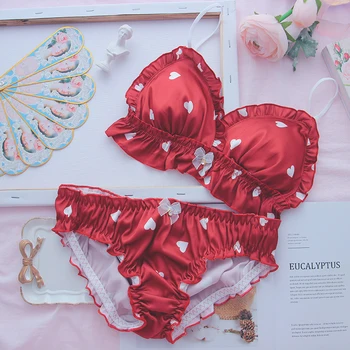 

Lolita Sweet Heart Bra and Panty Set Kawaii Anime Cosplay Chiffon Underwear Strappy Lingerie Set Panties and Bra Set Japanese