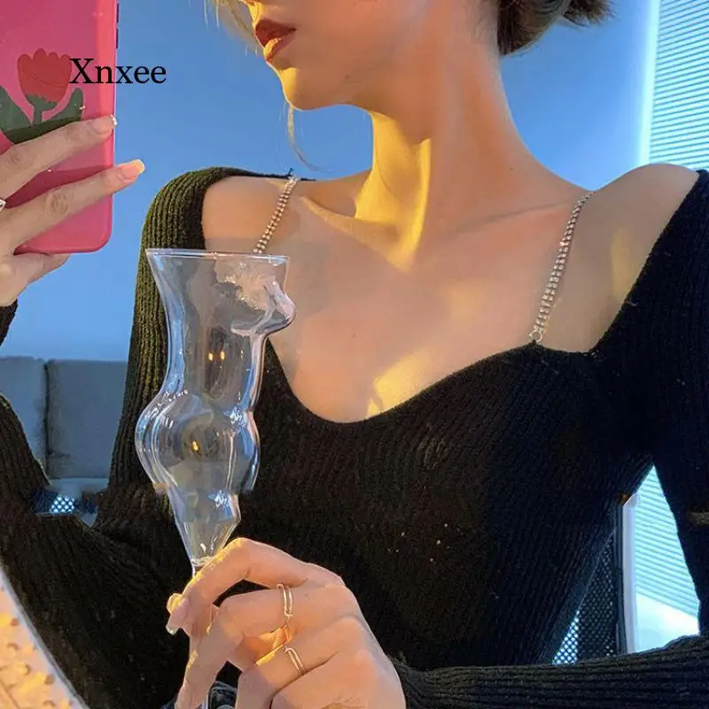 

Off Shoulder Knit Tops Square Collar Pullover Blous Women Autumn Fashion Female Long Sleeve Chain Slim Solid Color Short Casual