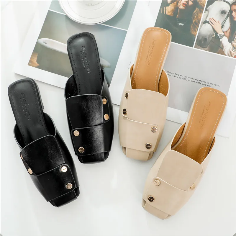 

Mule shoes woman stitching casual slippers metal rivet hollow out soft square toe flats 2019hot european slides flip flops femme