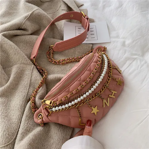 Small Bag Women New Fashion Korean Versatile Messenger Bag Pearl Chain Waist Bag Gold Letter Tassel Chest Bag Nightclub Bag - Цвет: Розовый