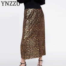 YNZZU женские юбки с леопардовым принтом, шикарные с блестками, юбка с высокой талией для женщин, новинка, элегантные прямые женские юбки до середины икры, AB286