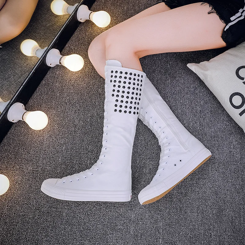 New Spring Autumn Women Shoes Canvas Punk Casual High Top Shoes Long Boots Lace-Up Zipper Comfortable Flat Boots Sneakers