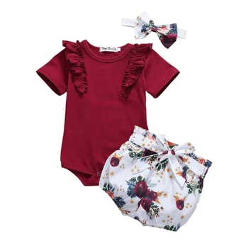 

Newborn Baby Girls Kid Clothes Jumpsuit Tops + Flowers Shorts + Headband 3PCS Set