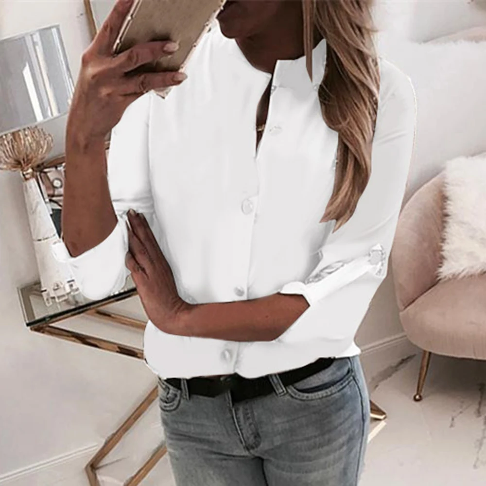 

Fashion Casual Solid Color ladies office Tops Sexy Buttons Long sleeve Blouse 2019 new Autumn Women Chiffon white Shirt female