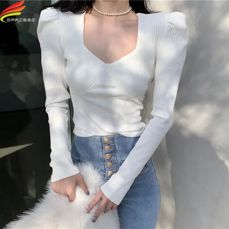

DFRCAEG New 2022 Spring Knitted Sweater Women Deep V Neck Elegant Puff Long Sleeve Top Beige White Black Korean Fashion Jumper