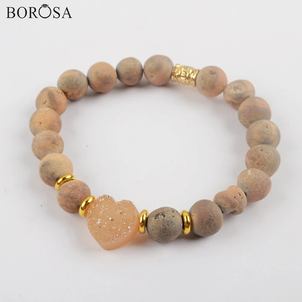 BOROSA ручной работы Druzy браслет ювелирные изделия, 5 шт Радуга Титан сердце натуральный Druzy и 8~ 9 мм Druzy кварцевые бусины браслет G1894