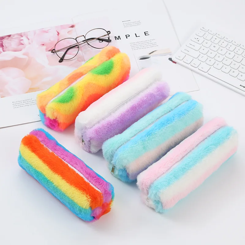 

Cute Rainbow Plush Pencil Case for Girls Large Gradient Plush Pen Bag Big Stationery Pouch Box kids gift office school Supplies