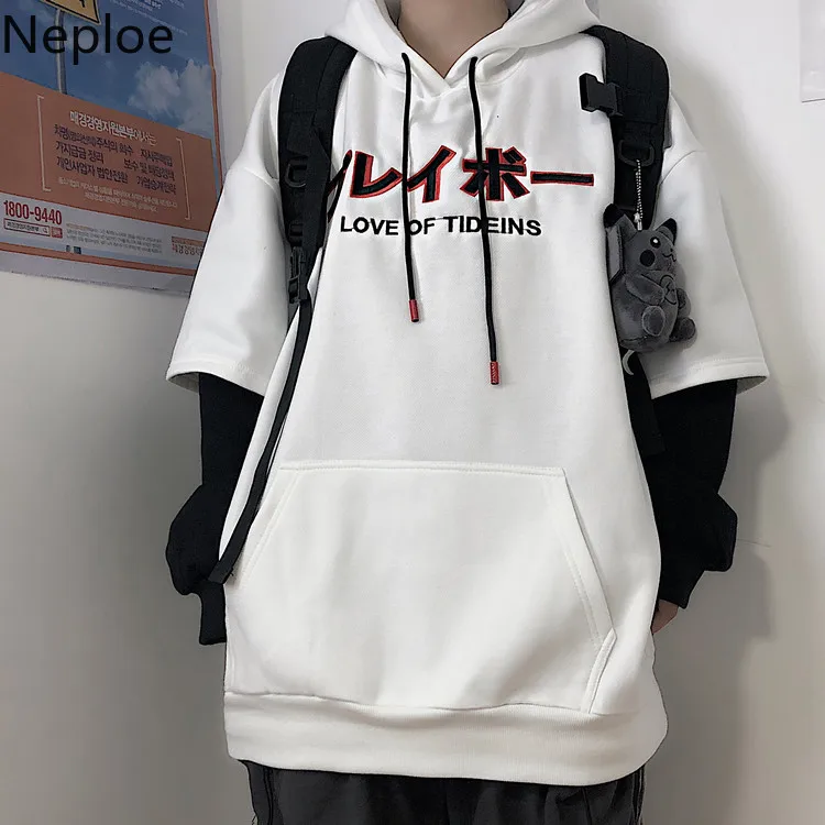 Neploe Heavy Letters Embroidery Hooded Sweatshirt Unisex Fleece Hoodies Autumn Winter Fake Two Pieces Jumper Pullover 55571