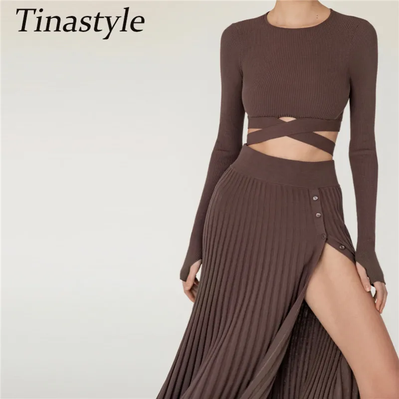 Tinastyle Autumn Winter Women Skirts Set O Neck Long Sleeve Crop Top And Midi Skirts A Line Pleated Two Piece Sets Knit Outfits womens suit set