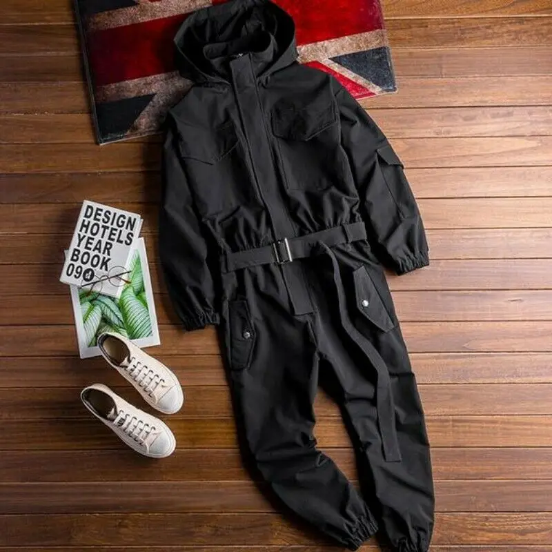 

Mens Hooded Overalls Jumpsuit Trousers Belt Casual Loose Workwear Pants B63