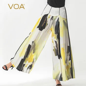 

VOA Real Silk 30 M/M Important Hand-Painted Printed Black Seam Pocket Pleats Joint Casual Fat Leg Trousers pants K1168 clothes