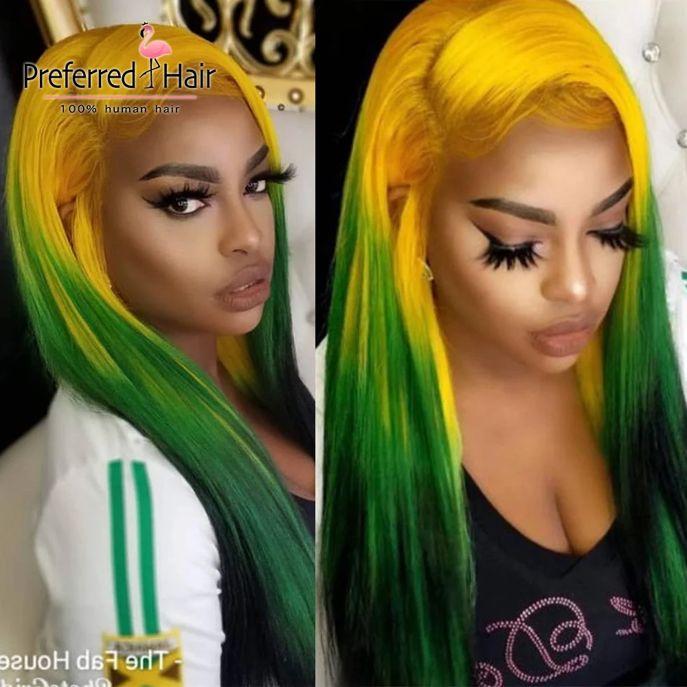 

Preferred 13x6 Yellow Green Ombre Remy Brazilian Straight Wig Pre Plucked Glueless Colored Lace Front Human Hair Wigs for women